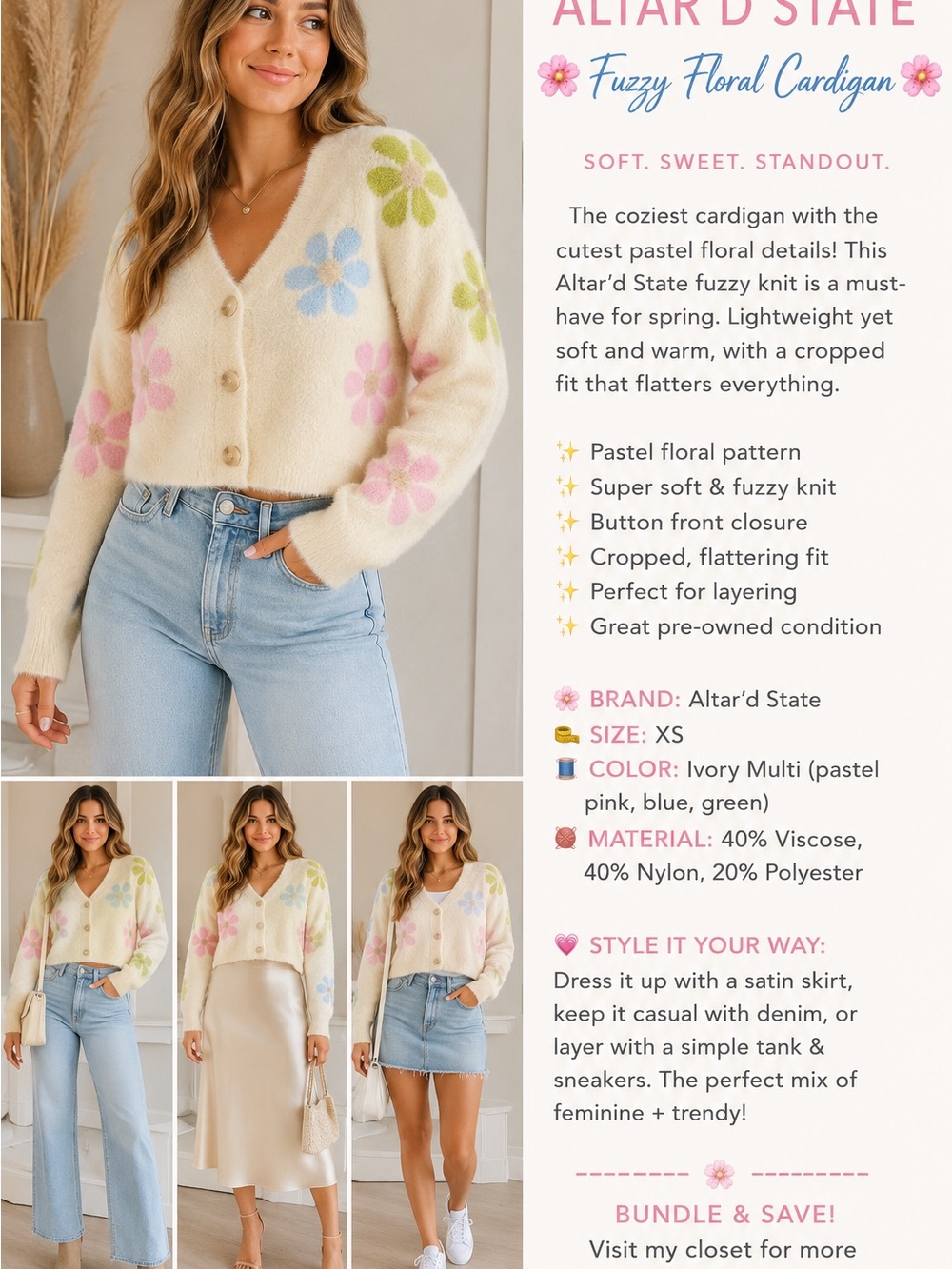Altar'd State Ivory Fuzzy Pastel Floral Cardigan
